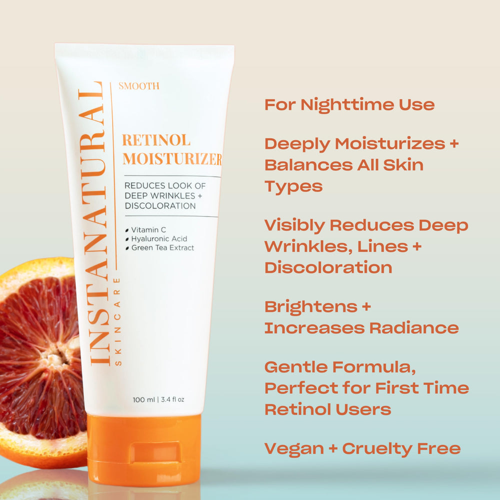 InstaNatural Retinol Nuit – texture crème visible, peau potentiellement plus lisse.