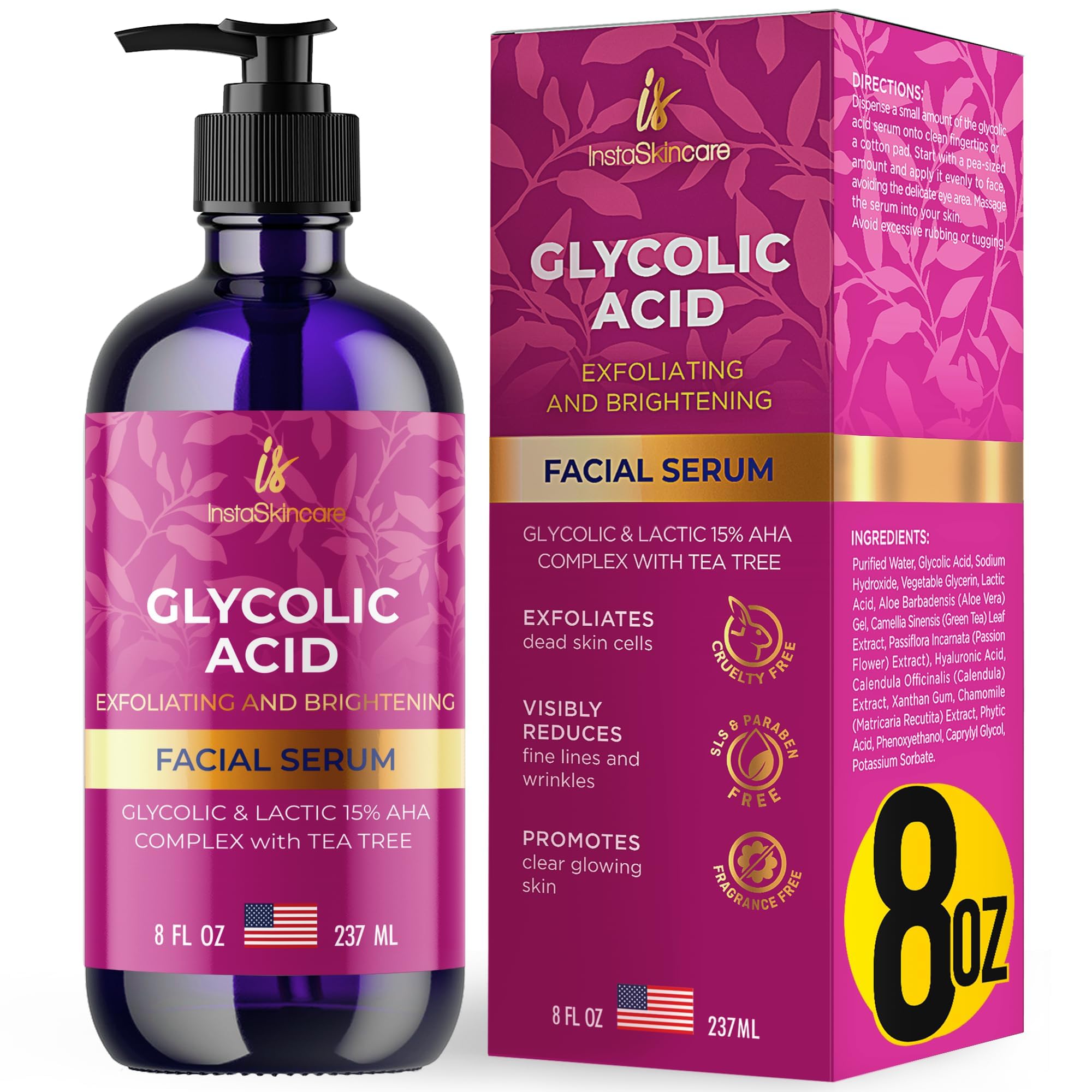 Sérum InstaSkincare Glycolique 15% en bouteille de 8 oz, prêt pour une peau lumineuse.