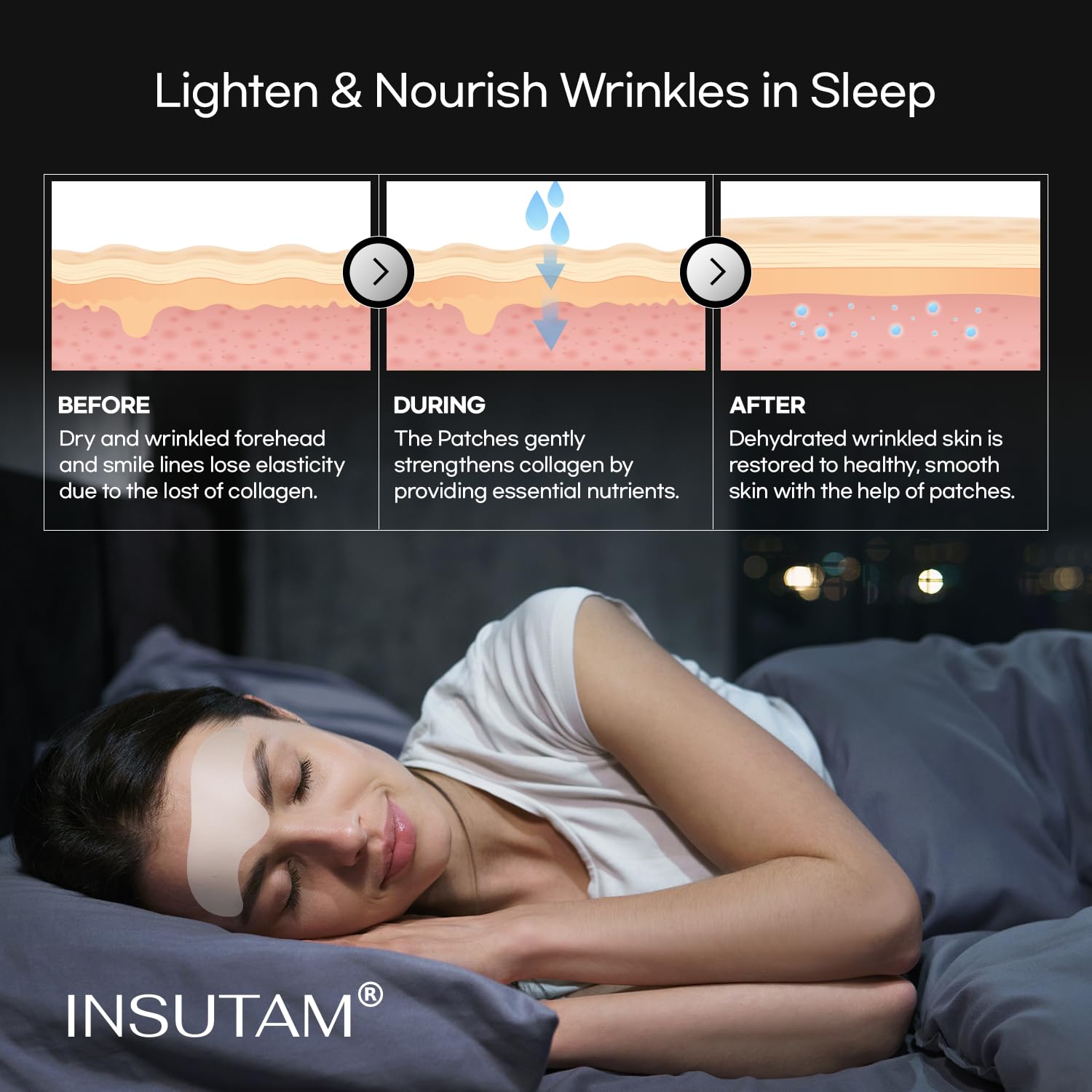 Insutam patch visage-relaxation-nuit, maintien confortable pendant le sommeil et peau plus lisse.
