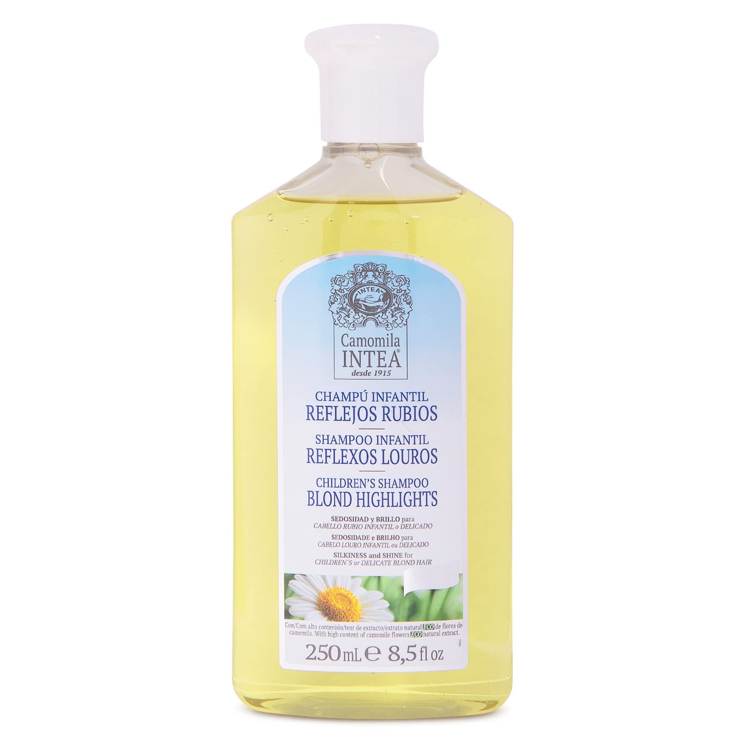 Intea Camomila Kids Shampoo sur bouteille de 8,5 oz, hydratation douce pour cheveux d'enfants.