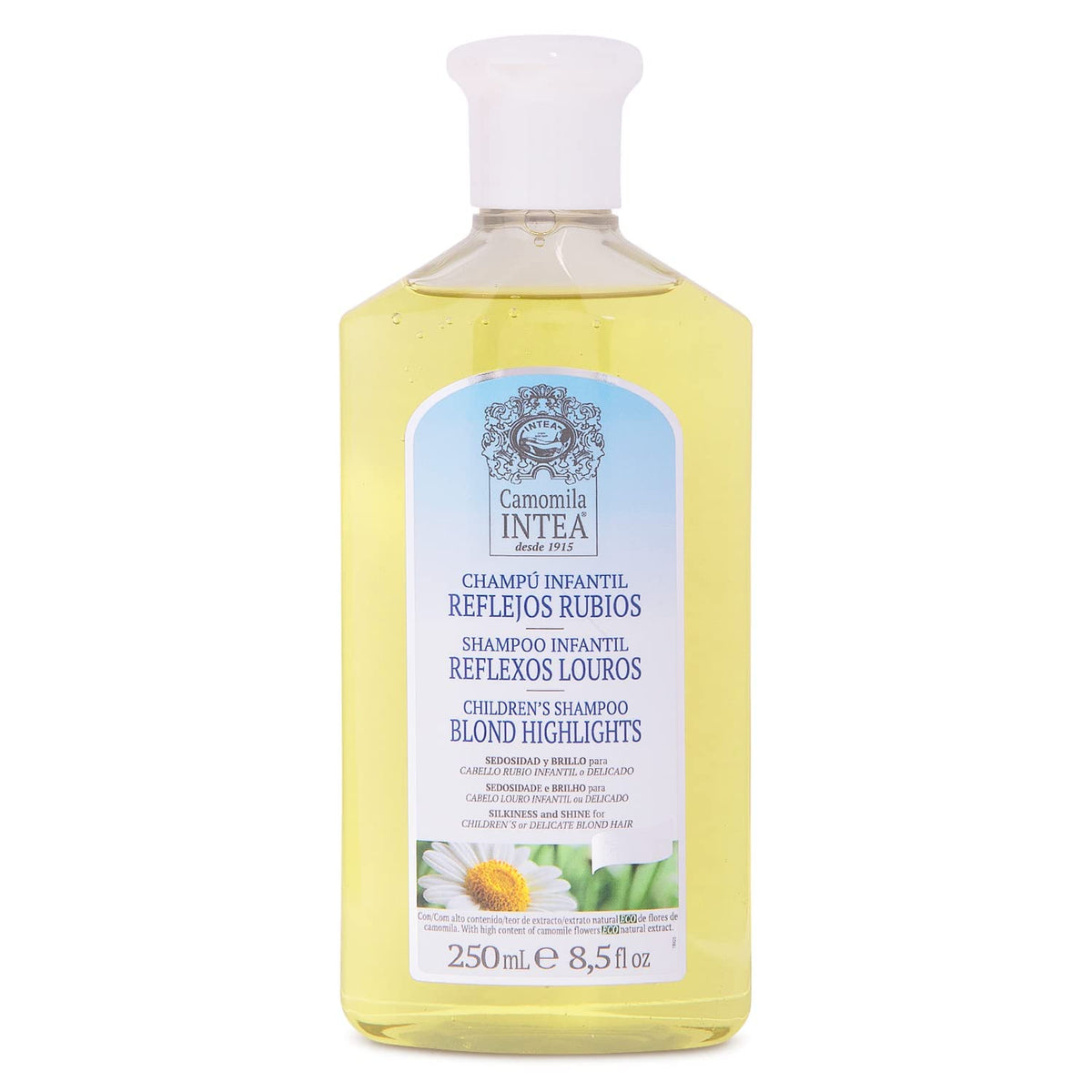 Intea Camomila Kids Shampoo sur bouteille de 8,5 oz, hydratation douce pour cheveux d'enfants.