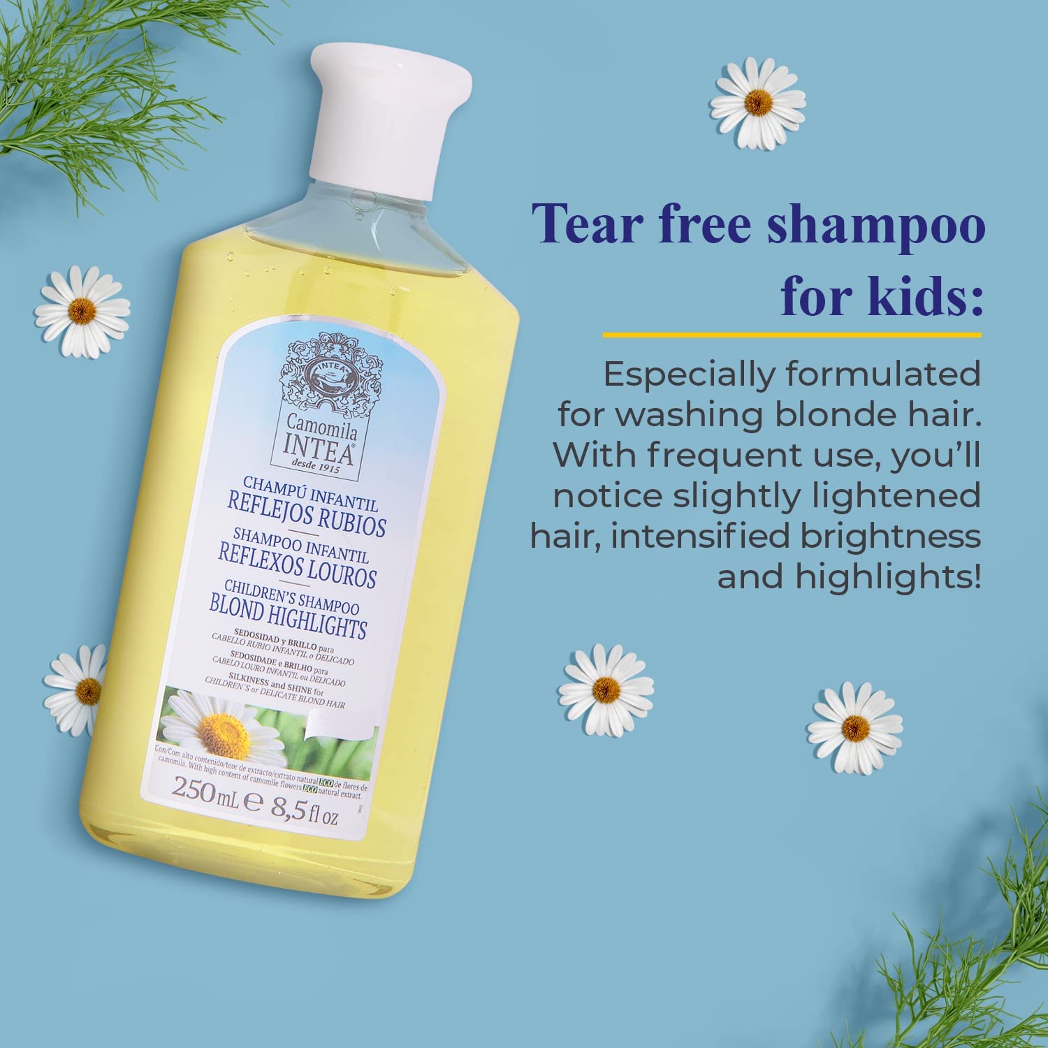 Shampooing doux pour cheveux blond des enfants, lavage quotidien recommandé.
