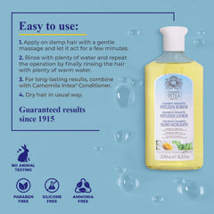 Étiquette Intea Camomila Kids Shampoo indiquant sans parabènes et sans silicones pour la sécurité.