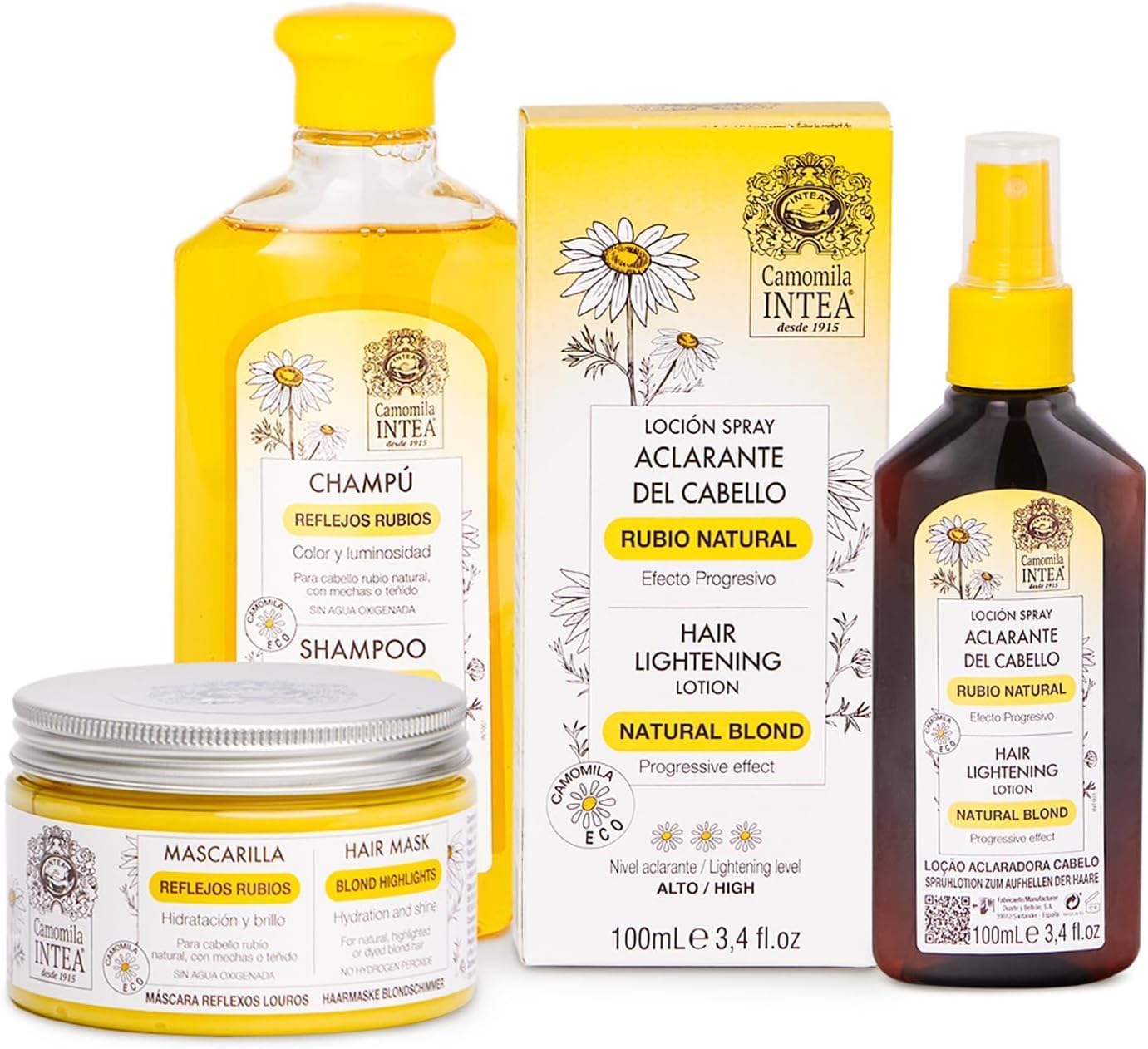 Intea Camomille, lotion éclaircissante pour cheveux, éclaircit les mèches en douceur pour un blond naturel.