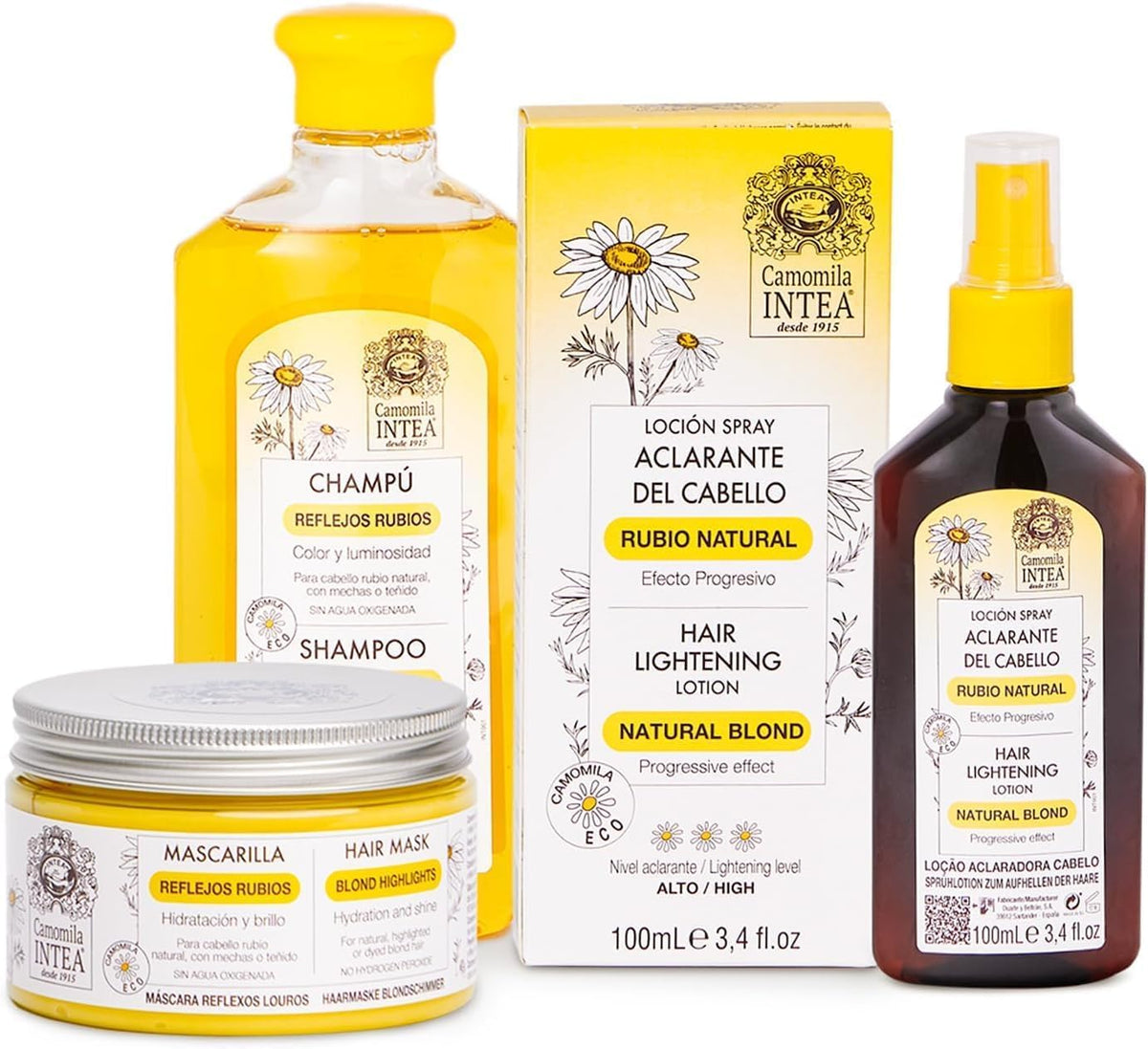 Intea Camomille, lotion éclaircissante pour cheveux, éclaircit les mèches en douceur pour un blond naturel.