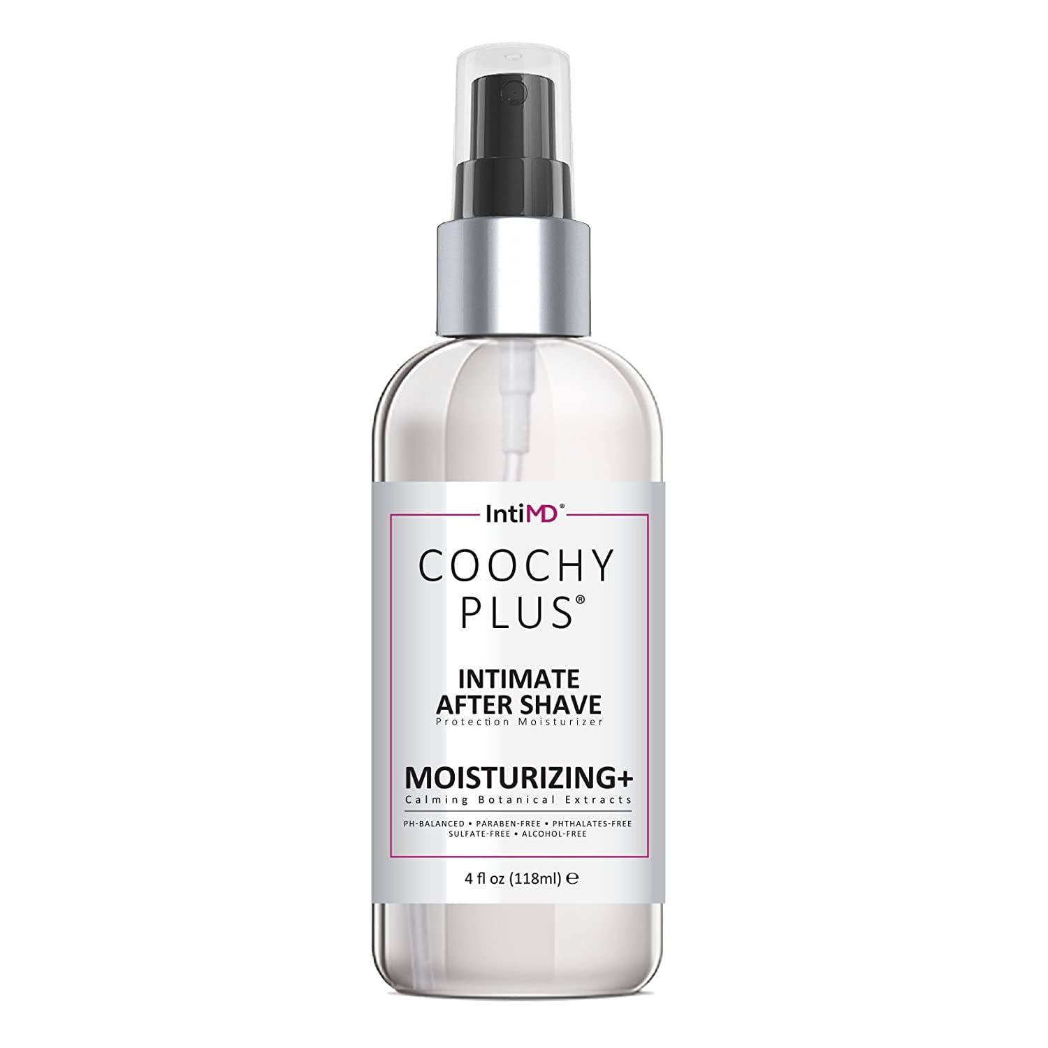 IntiMD COOCHY bottle foreground shows a smooth antioxidant formula for daily intimate care.
