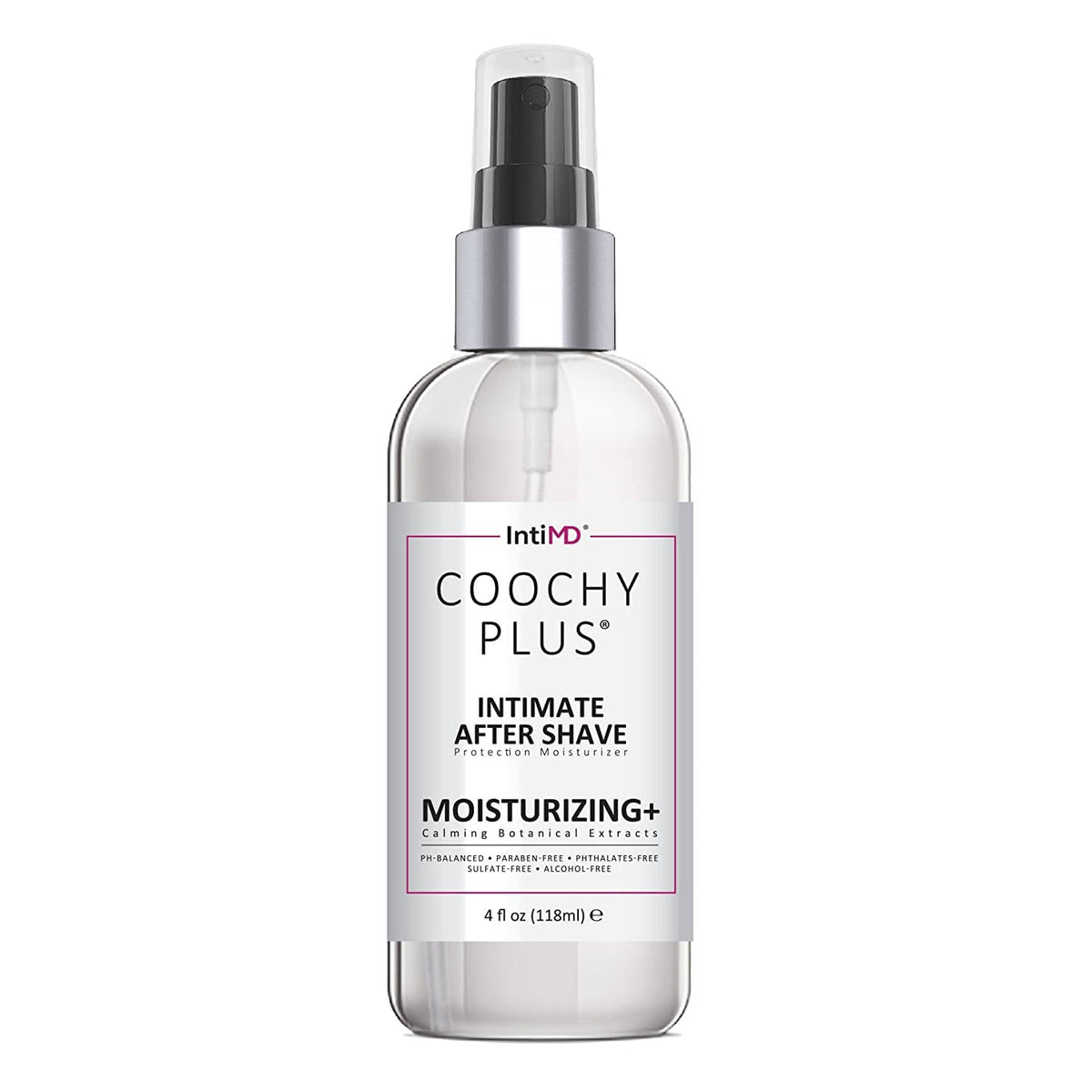 IntiMD COOCHY bottle foreground shows a smooth antioxidant formula for daily intimate care.