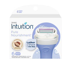 INTUITION Pure Nourishment razor refill pack showing six cartridges for easy, smooth shaves.
