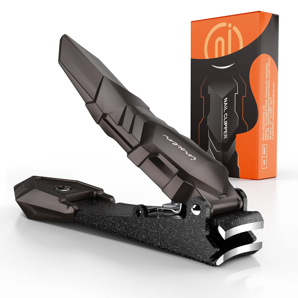 INXEN coupe-ongles pour hommes, vue avant, récupération des débris intégrée pour une utilisation propre.