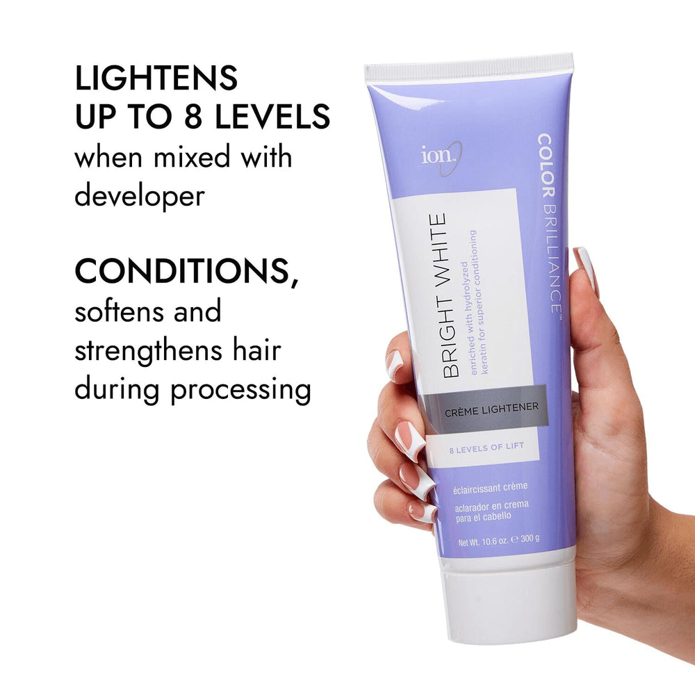 Ion Bright White Creme Lightener on-scalp mix ready with 1:1–1:2 ratios.