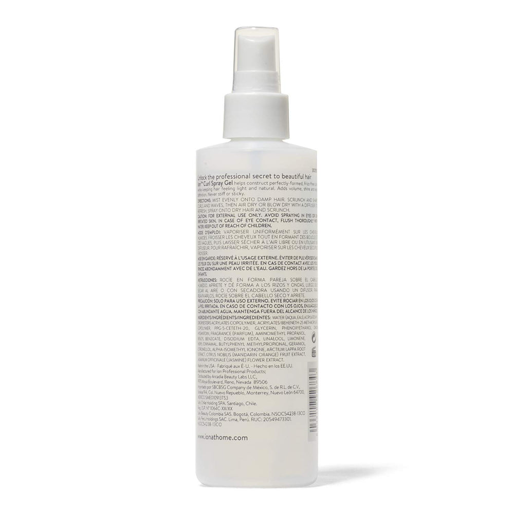 Ion gel en spray, offre brillance légère et définition naturelle pour cheveux.