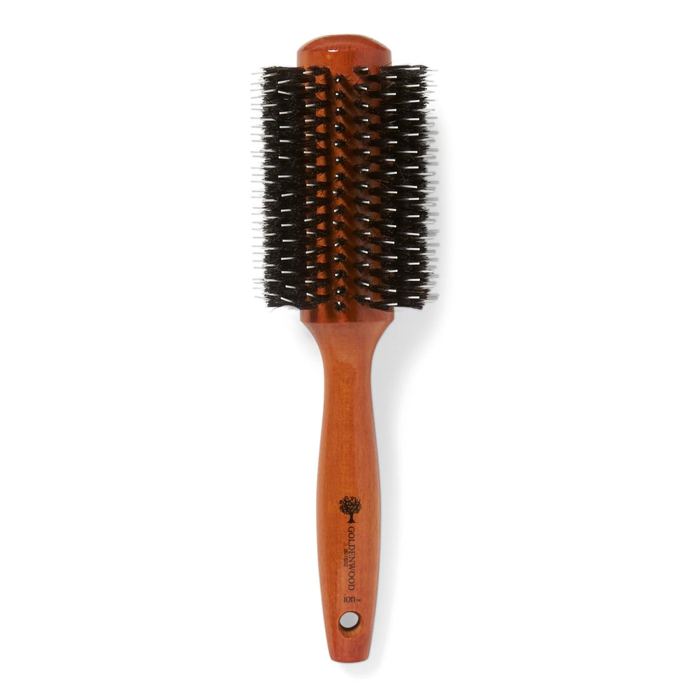 Ion brosse ronde en bois doré, poils de sanglier, pour cheveux épais et volumineux.