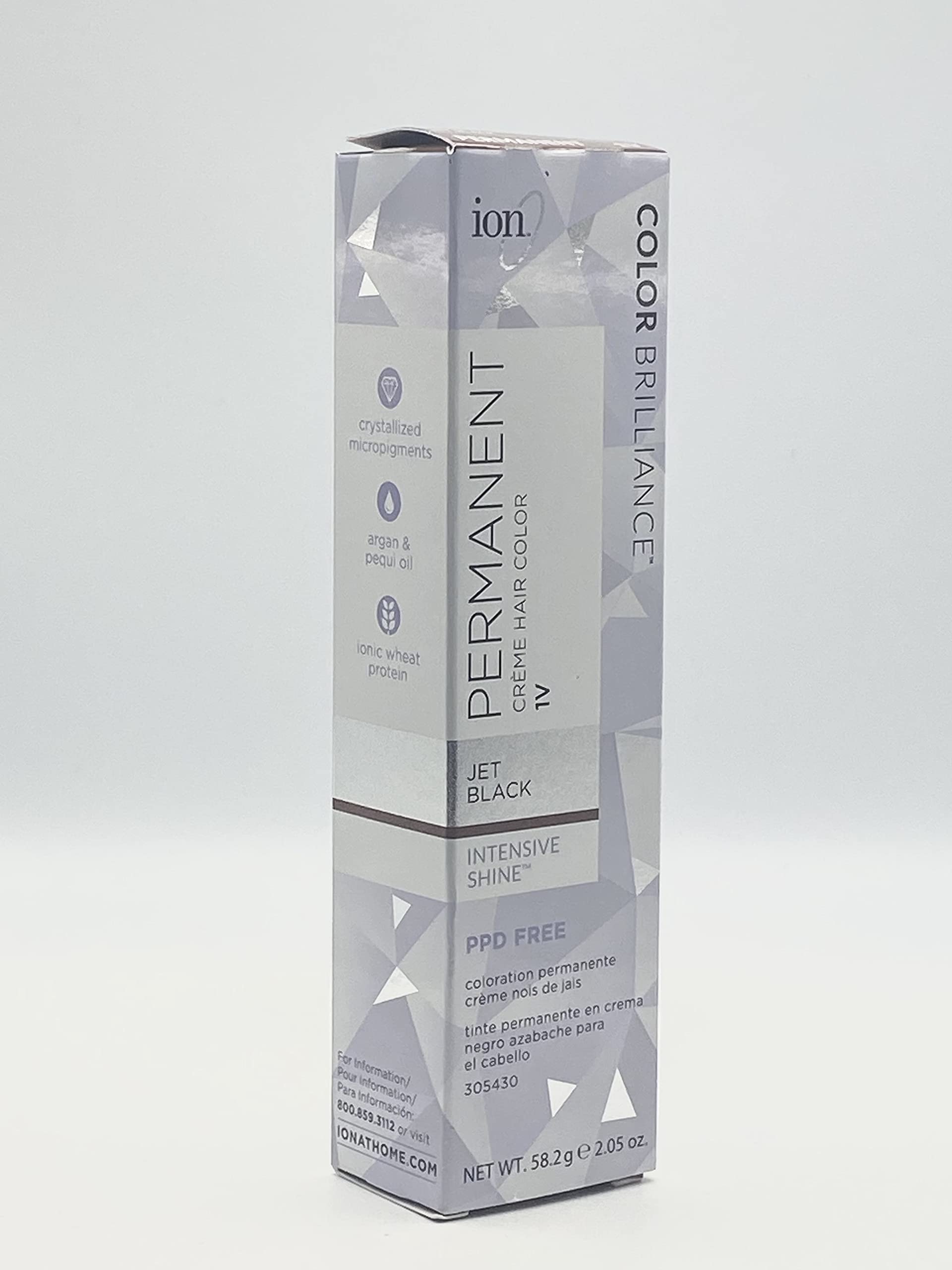 Ion Coloration Permanente Crème 1V Noir jais, couverture grise à 100% et couleur durable.