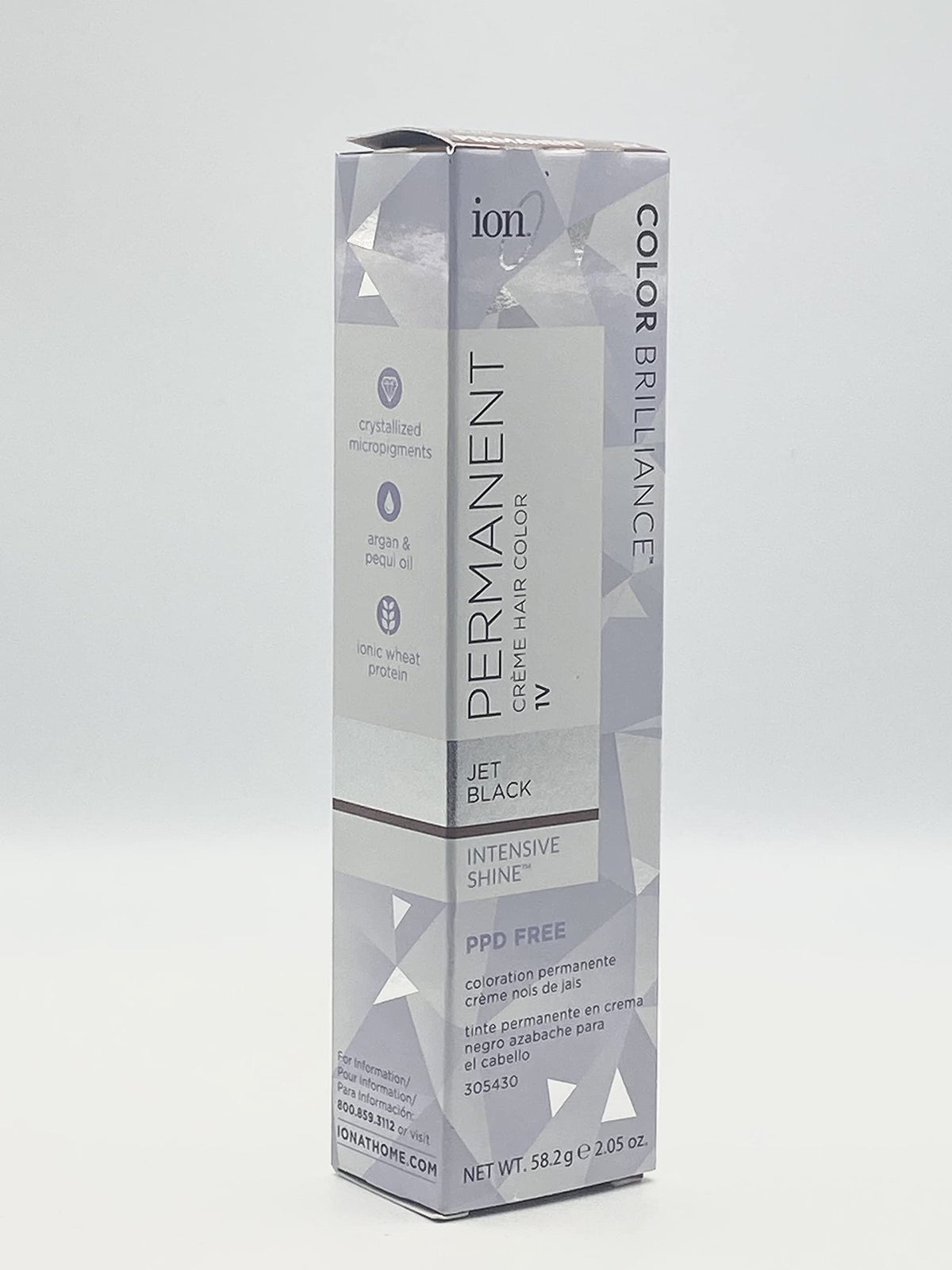 Ion Coloration Permanente Crème 1V Noir jais, couverture grise à 100% et couleur durable.