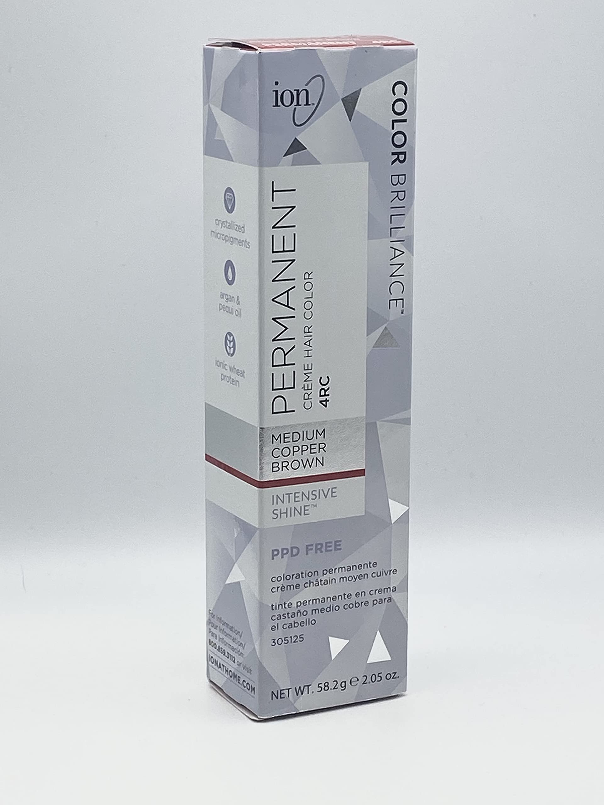 Ion Coloration Permanente Crème 4RC — Cuivre moyen, couverture grise à 100 %, couleur durable.