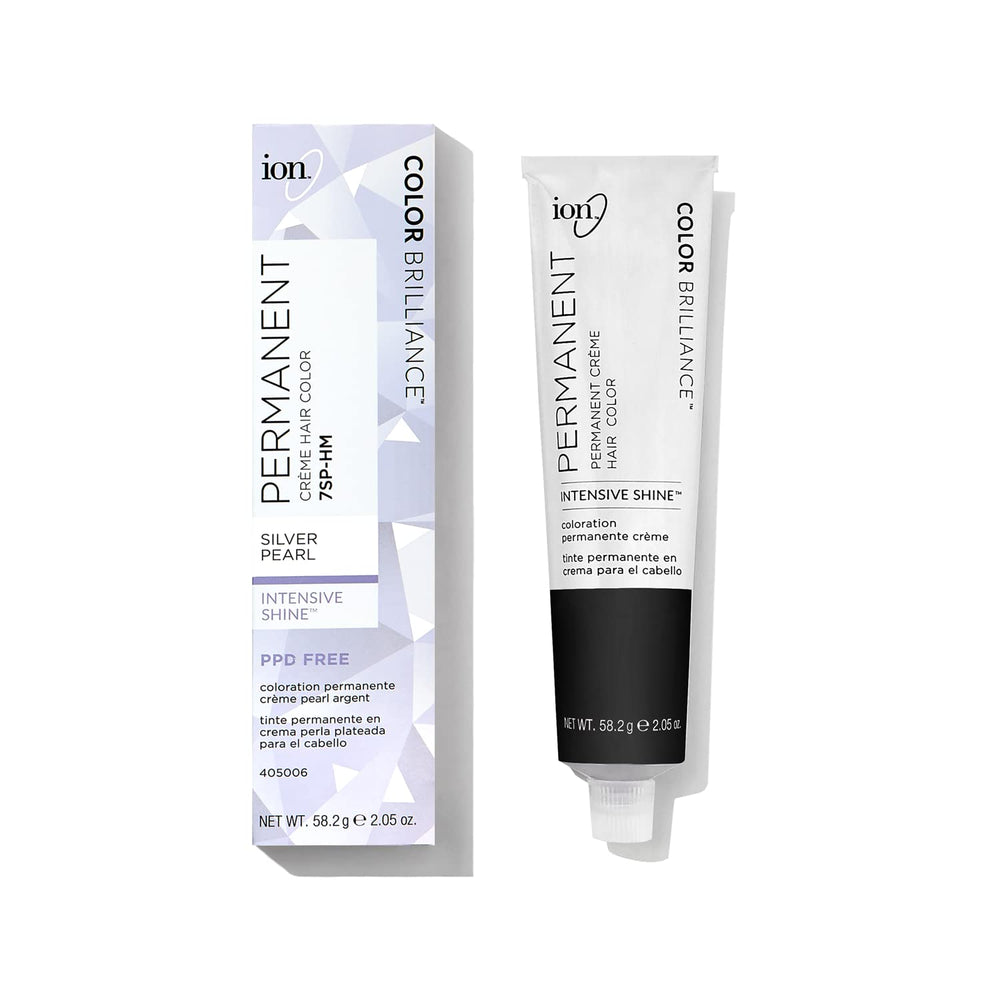 Ion Coloration Permanente Crème 7SPHM, flacon argenté montrant la teinte perle argentée durable.