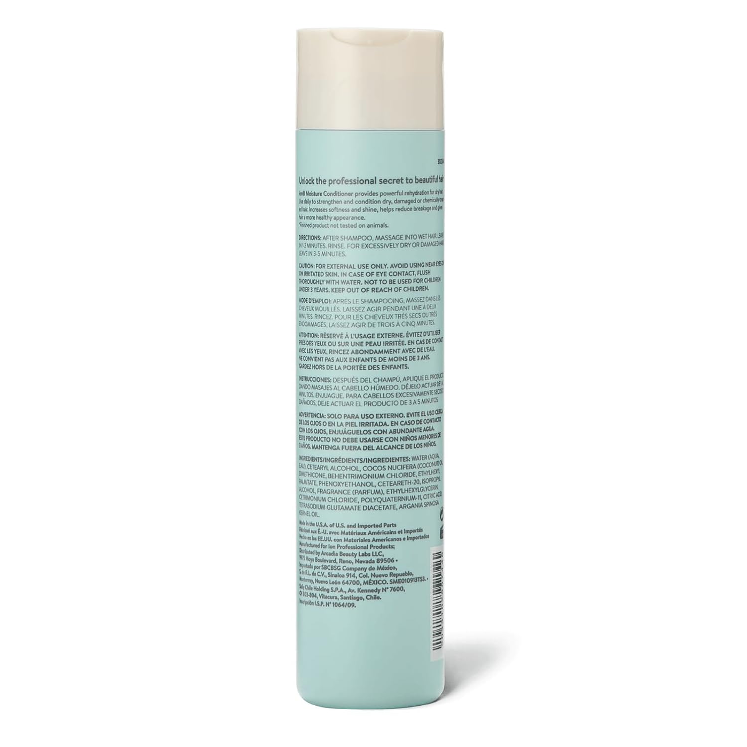 Ion Moisture Conditioner – étiquette arrière détaillant la formule vegan et sans agressifs.