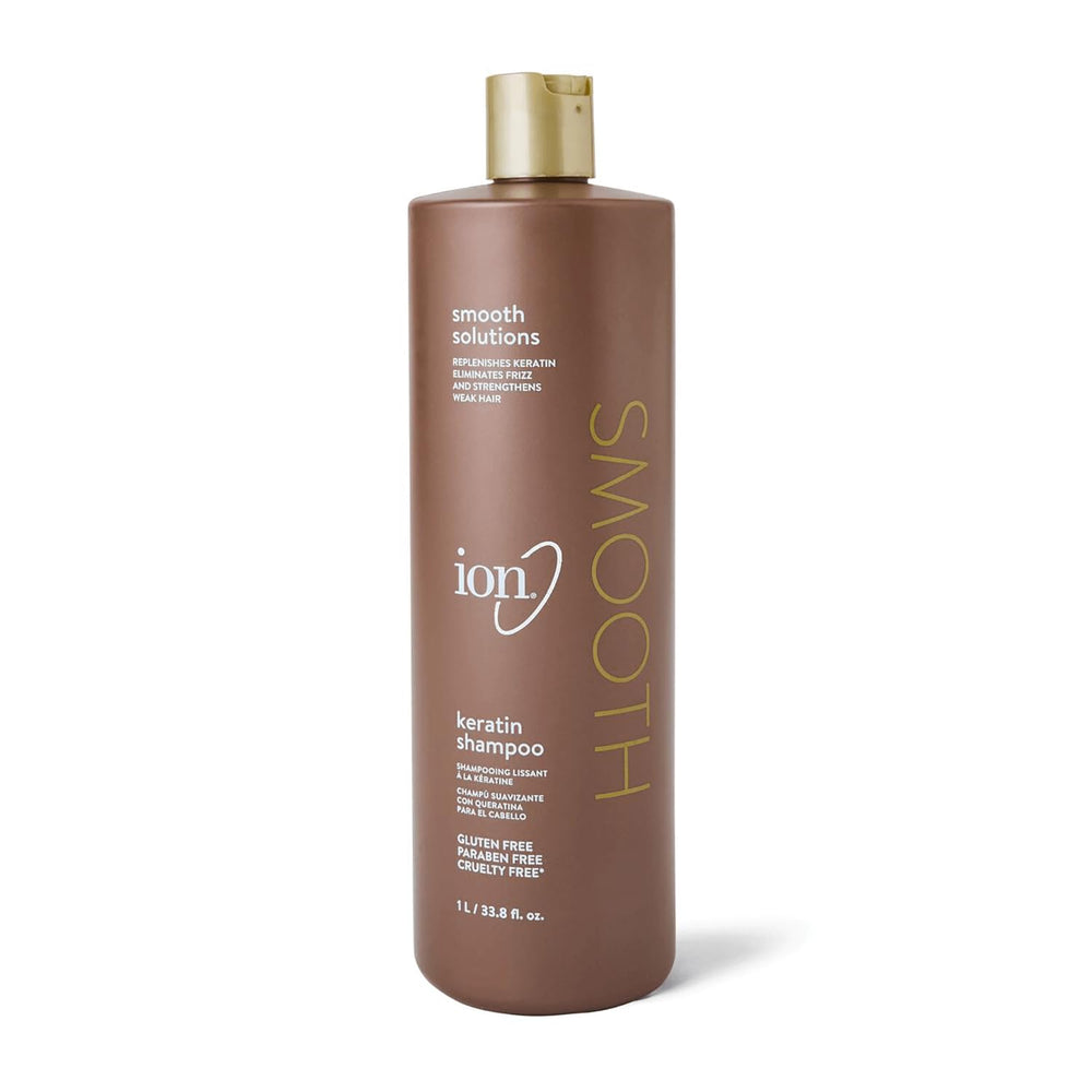 Ion Shampoing lissage kératine, bouteille visible, aide à lisser les cheveux.