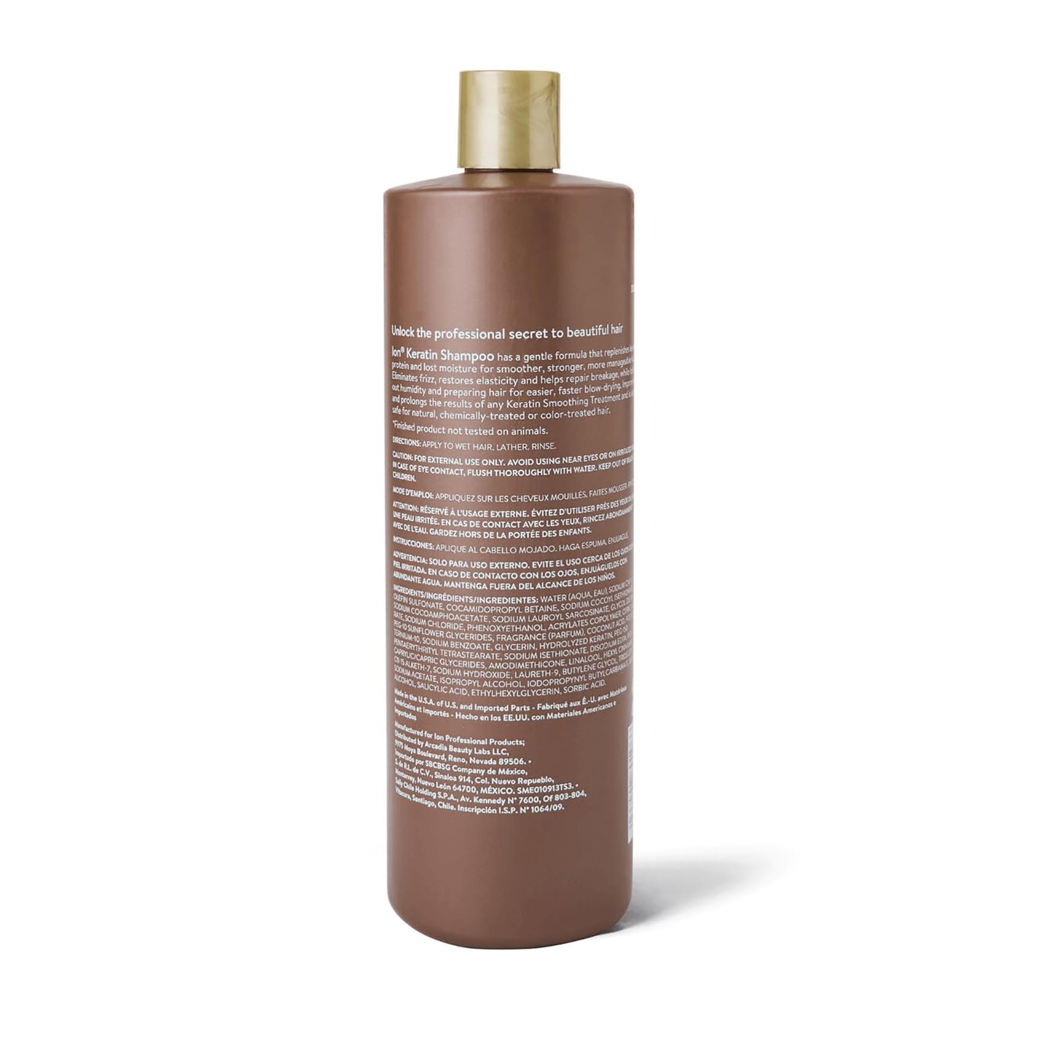 Ion Shampoing lissage kératine, étiquette visible, hydratation améliorée pour cheveux.