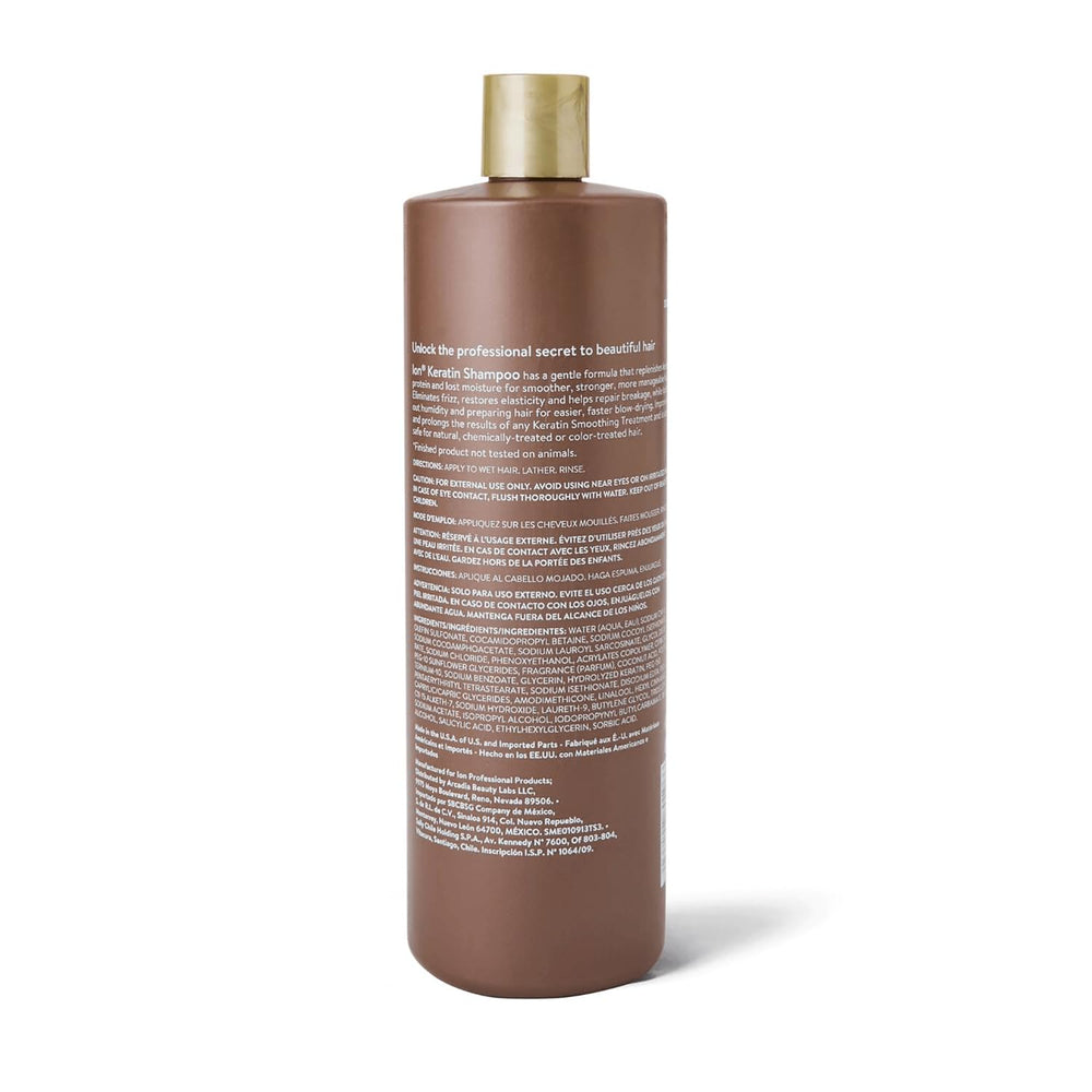 Ion Shampoing lissage kératine, étiquette visible, hydratation améliorée pour cheveux.