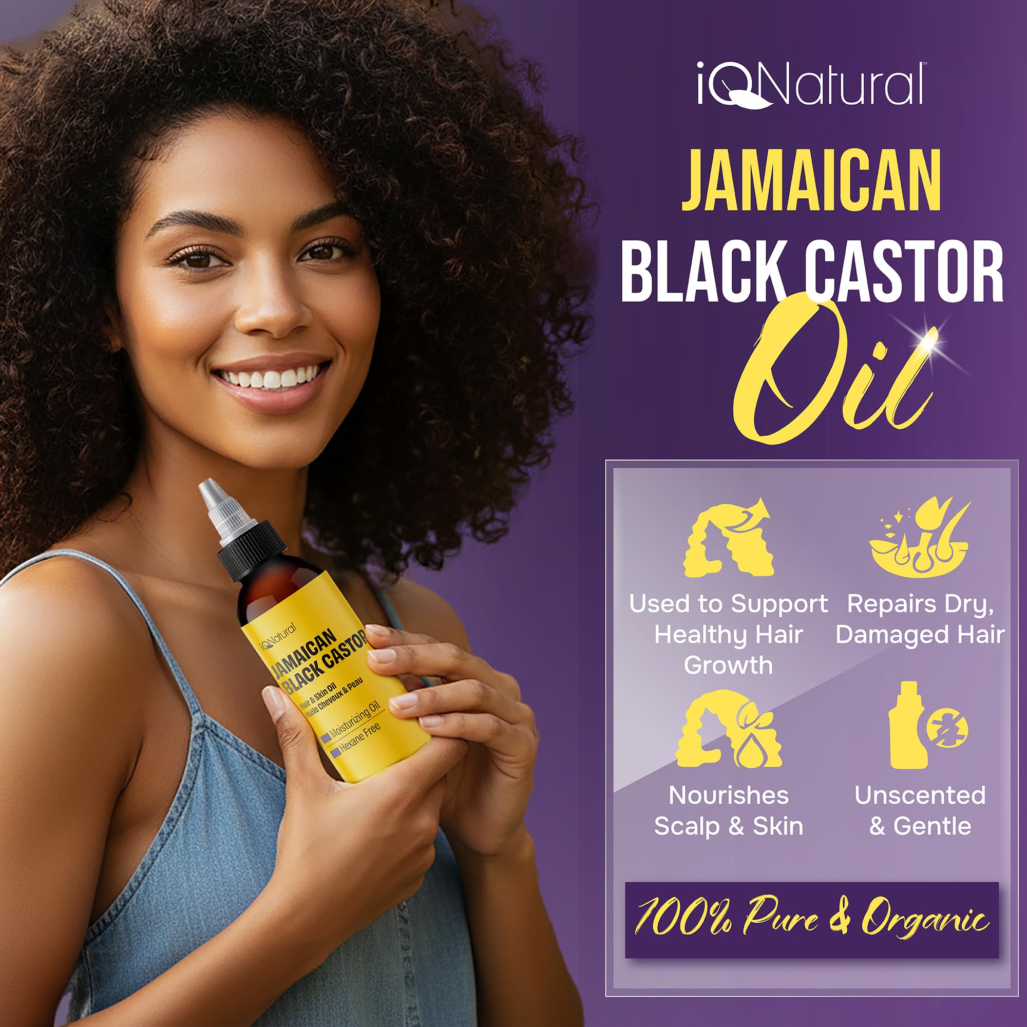 IQNATURAL flacon huile ricin noir 113 g en gros plan avec étiquette.