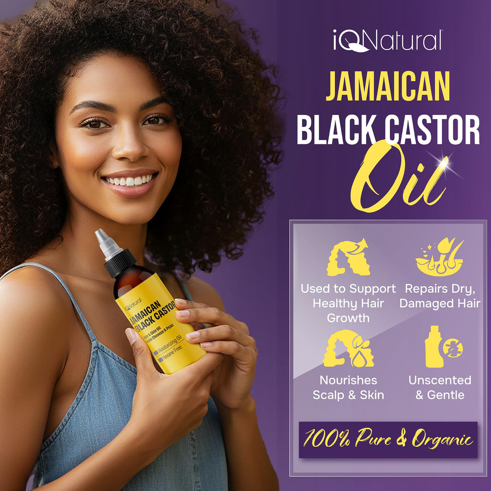 IQNATURAL flacon huile ricin noir 113 g en gros plan avec étiquette.
