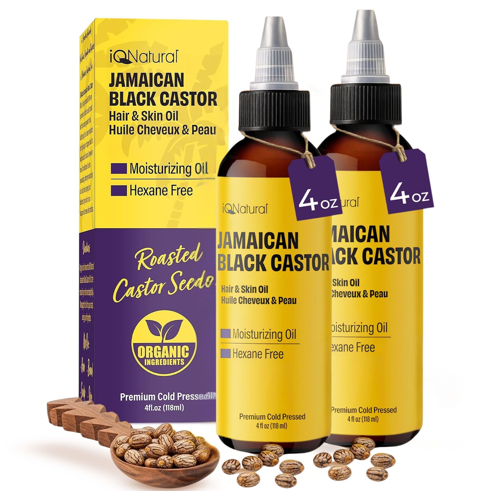 IQNATURAL deux flacons d'huile de ricin noir 113 g pour cheveux et peau nourris.