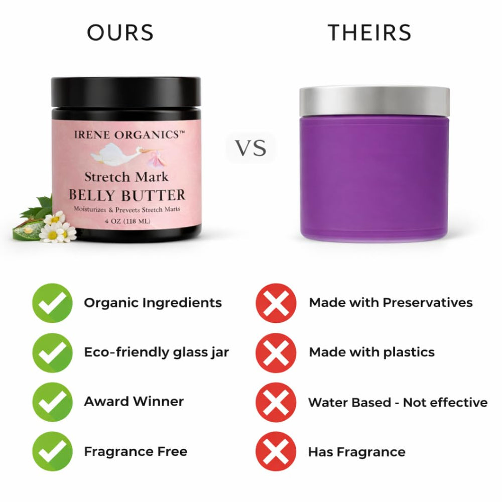 Irene Organics Belly Butter: emballage-verre, produit artisanal respectueux de l’environnement.
