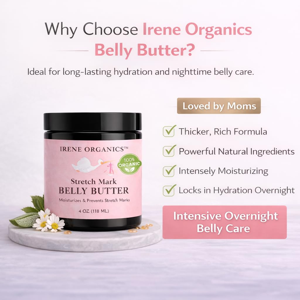 Irene Organics Belly Butter: pot-verre-eco, emballage durable et peau nourrie sans parfum.