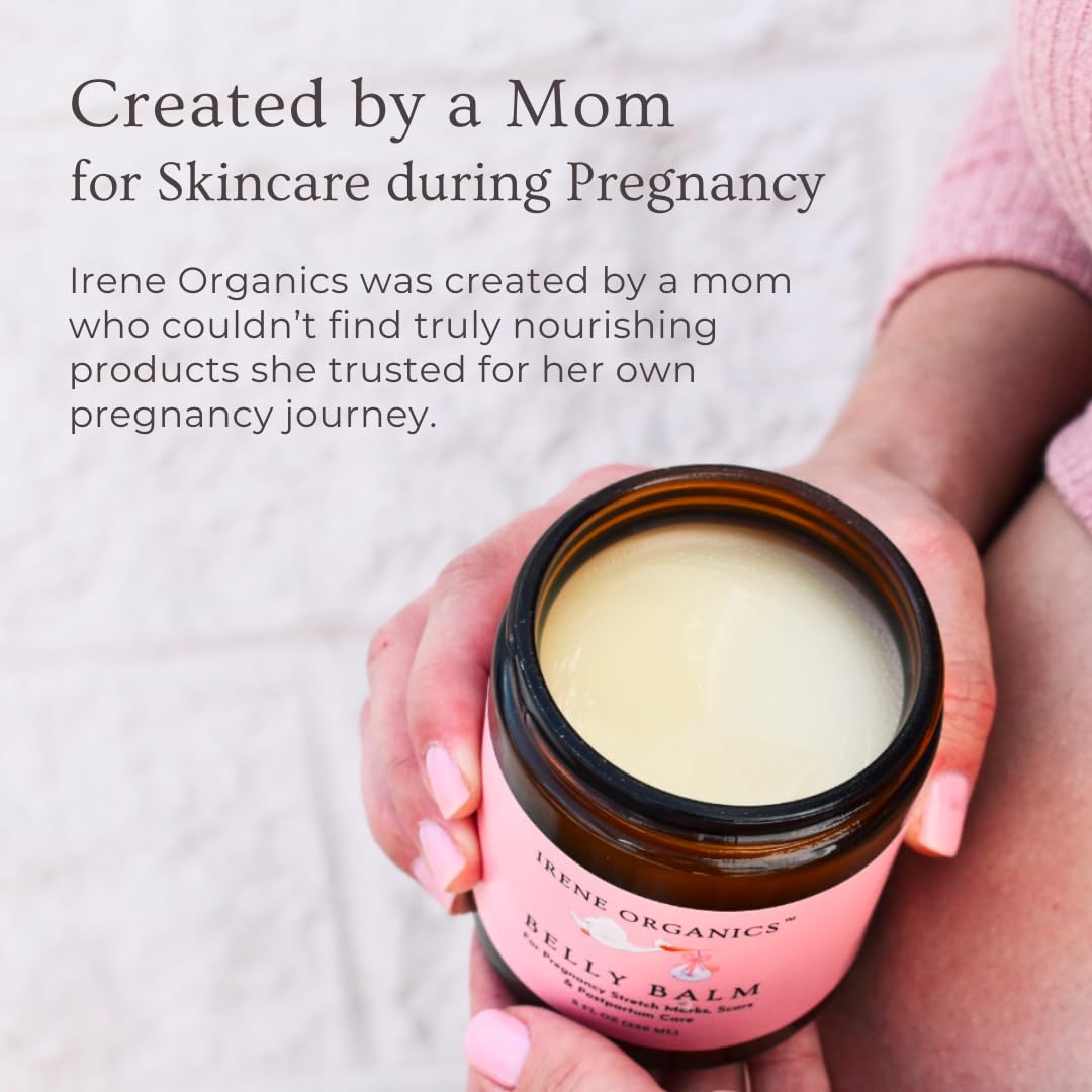 Irene Organics Belly Butter: texture-riche, enveloppe la peau et aide à prévenir tiraillements.