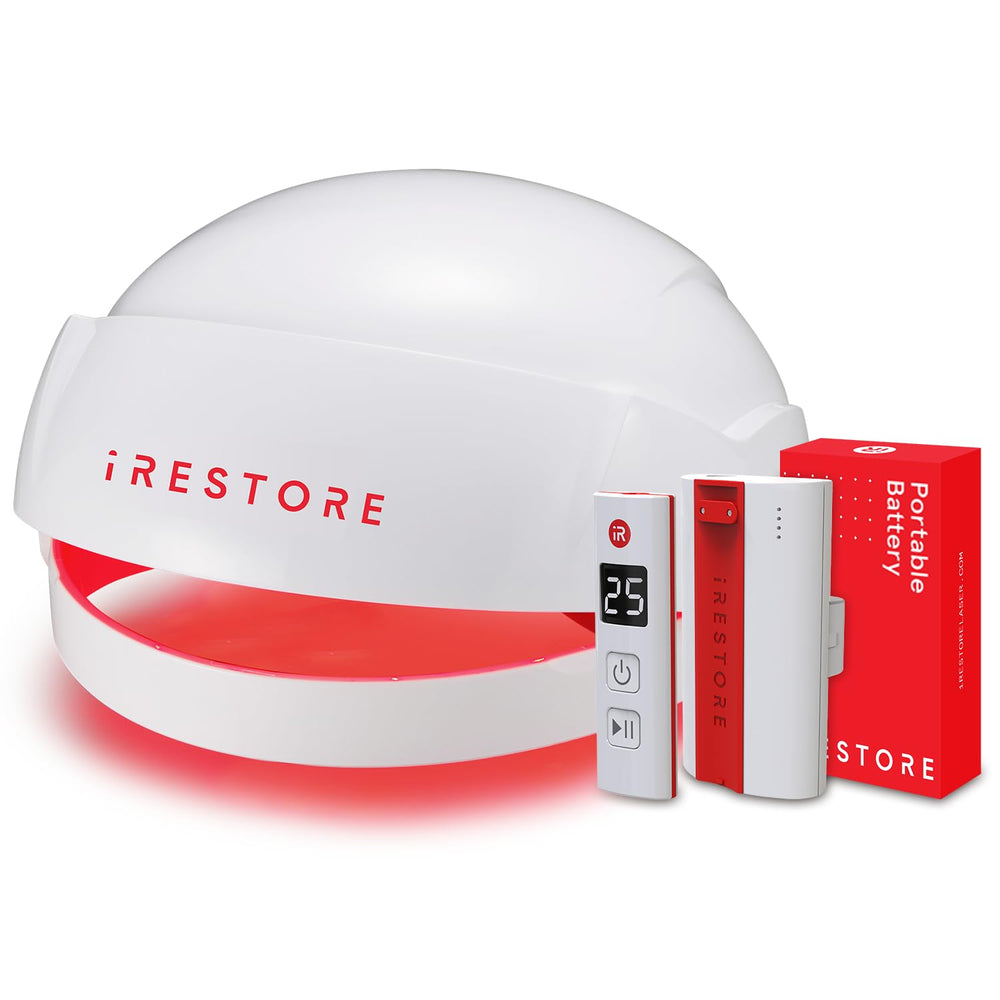iRestore Essential porté sur le cuir chevelu: casque laser pour usage mains libres.