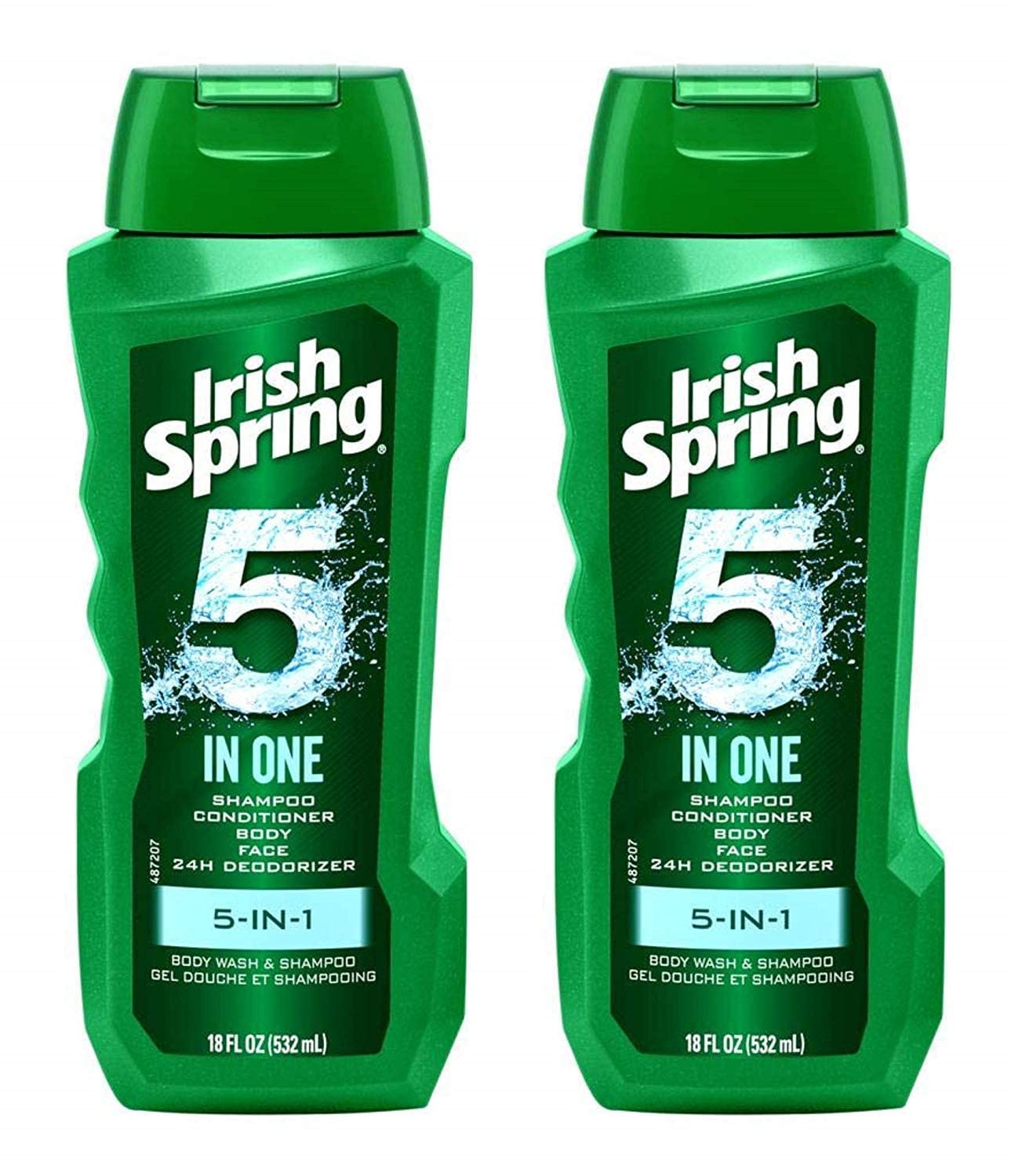 Irish Spring 5-en-1 – étiquette visible indiquant soin multi-usage peau et cheveux