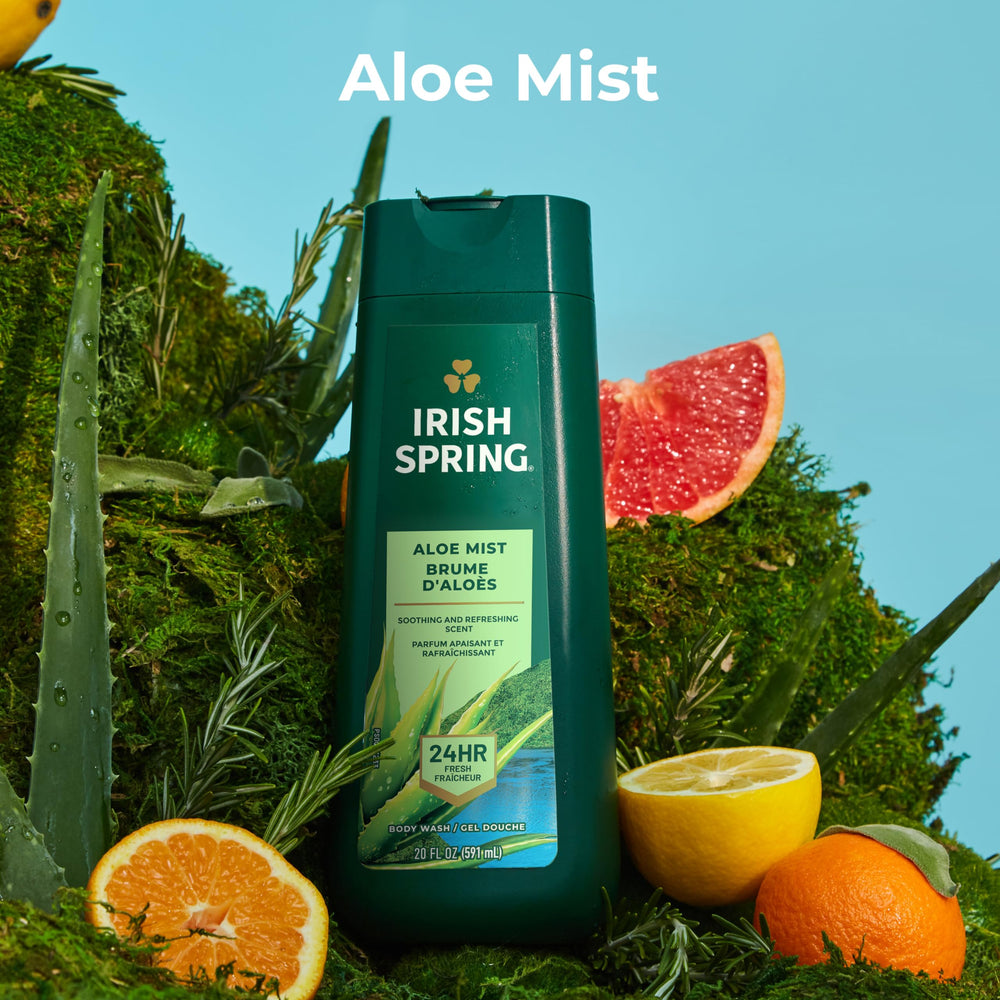 Irish Spring Aloe Mist: troisième bouteille avec parfum rafraîchissant et doux.