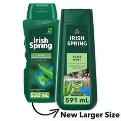 Irish Spring Aloe Mist, gel douche pour hommes, bouteille fermée, parfum frais.