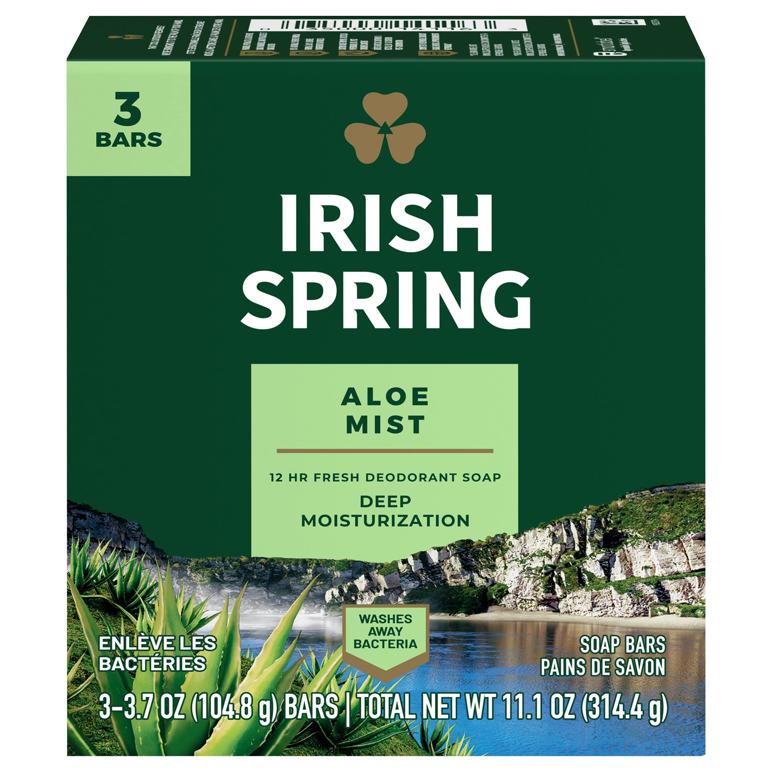 Savon-barre Irish Spring Aloe dans son emballage, fraîcheur prête à l'emploi.