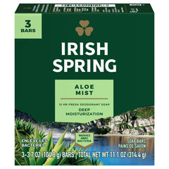 Savon-barre Irish Spring Aloe dans son emballage, fraîcheur prête à l'emploi.
