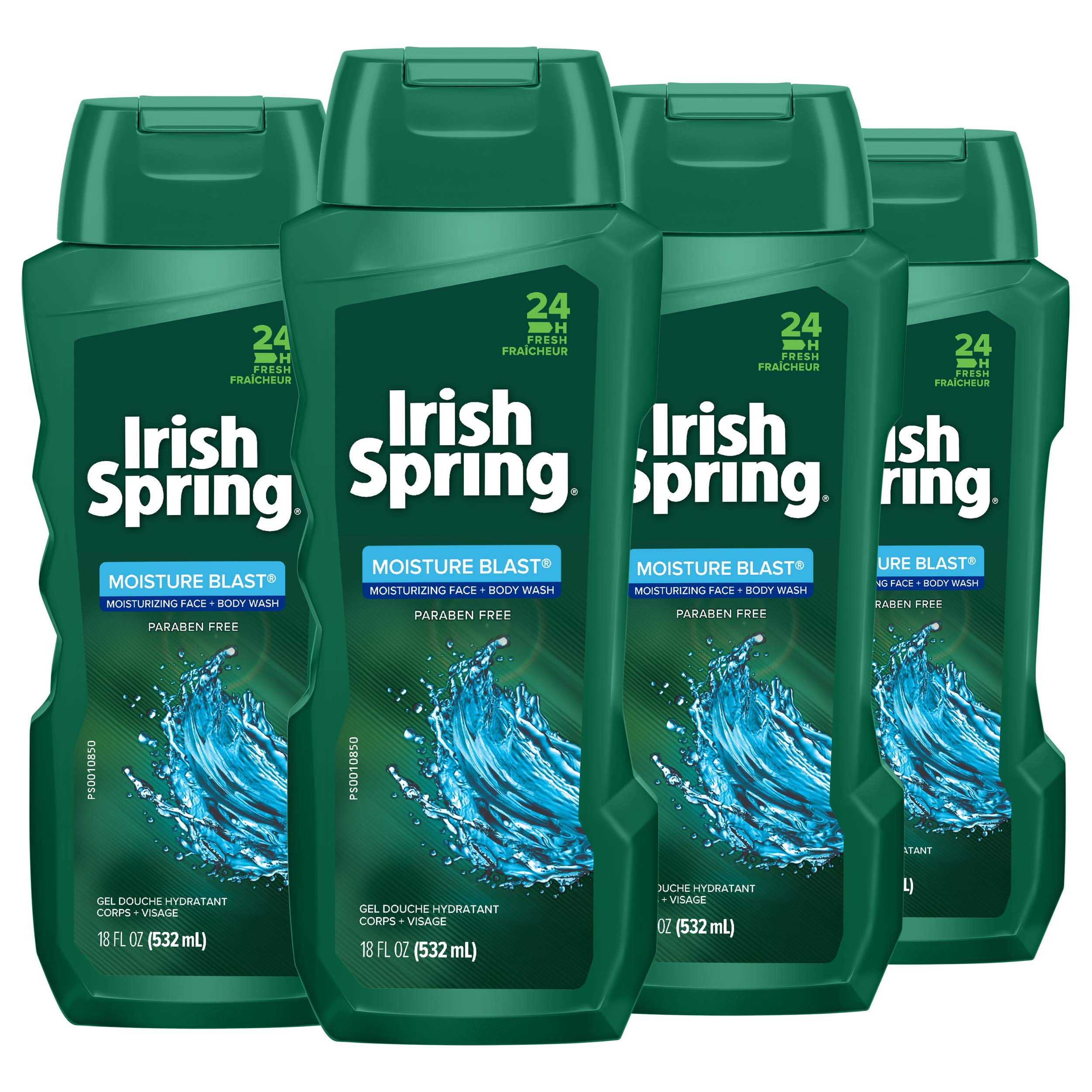 Bouteille Irish Spring douche hydratante prête à hydrater la peau après la douche.