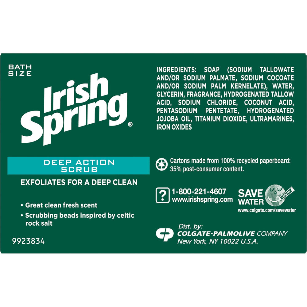 Irish Spring Deep Action Scrub Bar mousse fraîche pour une douche revitalisante.