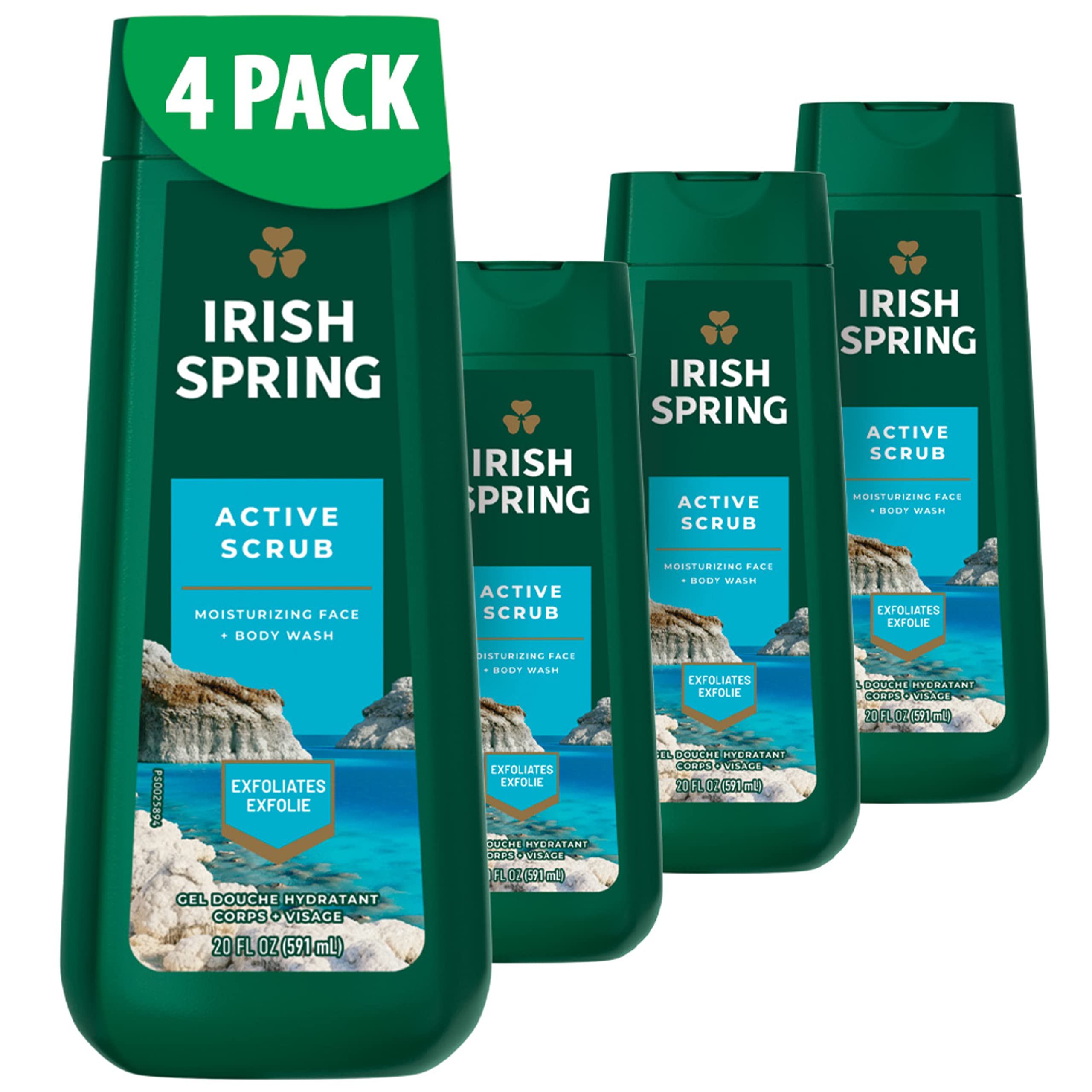 Irish Spring gel douche pour hommes, exfoliant actif, ensemble de quatre bouteilles pour une fraîcheur durable.