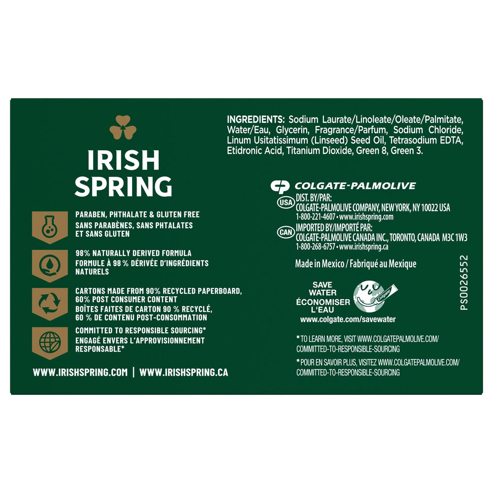 Irish Spring savon solide Original, détail de la mousse et du bi-pack pour usage familial.