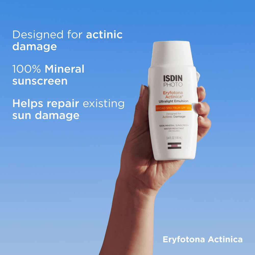 ISDIN Eryfotona Actinica – oxyde-zinc minéral SPF50, adapté aux peaux sensibles.