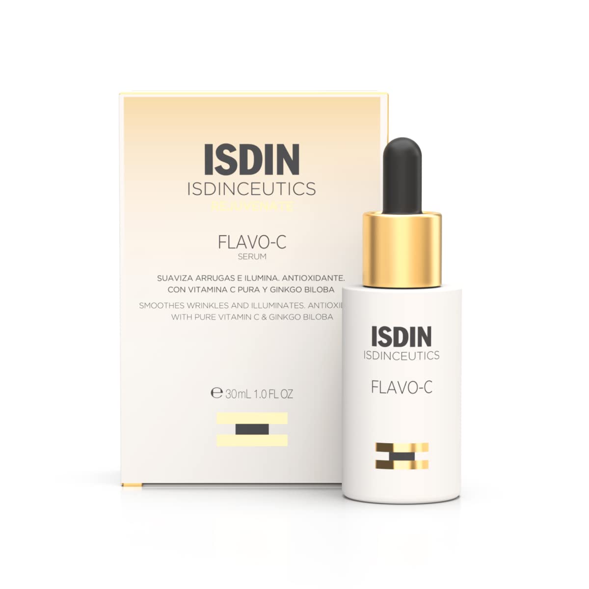 Sérum ISDIN Flavo-C dans sa bouteille 30 ml, pour un éclat naturel.