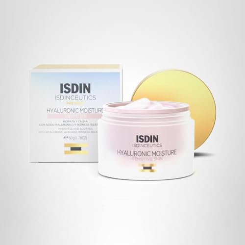 ISDIN Isdinceutics Hyaluronic Moisture, soin quotidien pour peau sensible, prévient tiraillements et inconfort.
