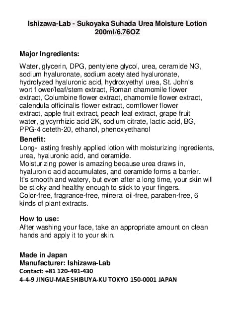 Sukoyaka Suhada Urea Lotion – étiquette claire pour routine quotidienne