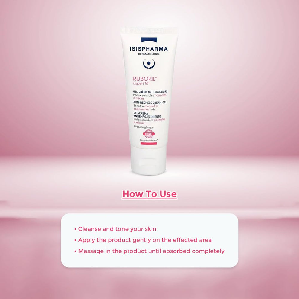 IsisPharma Ruboril Expert M emballage: emballage clair et pratique pour routine quotidienne apaisante.