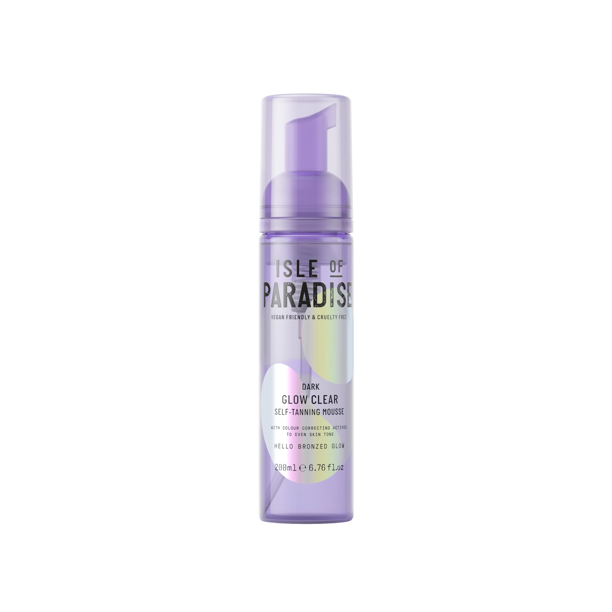 Isle of Paradise Glow Clear Mousse – bouteille transparente prête à l’application.