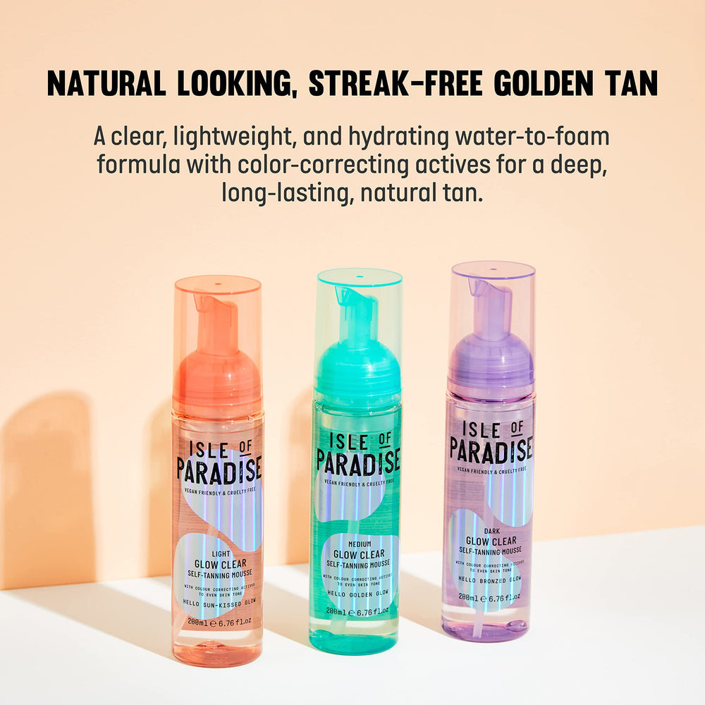Isle of Paradise Glow Clear Mousse – effet bronze violet offrant un teint uniforme.