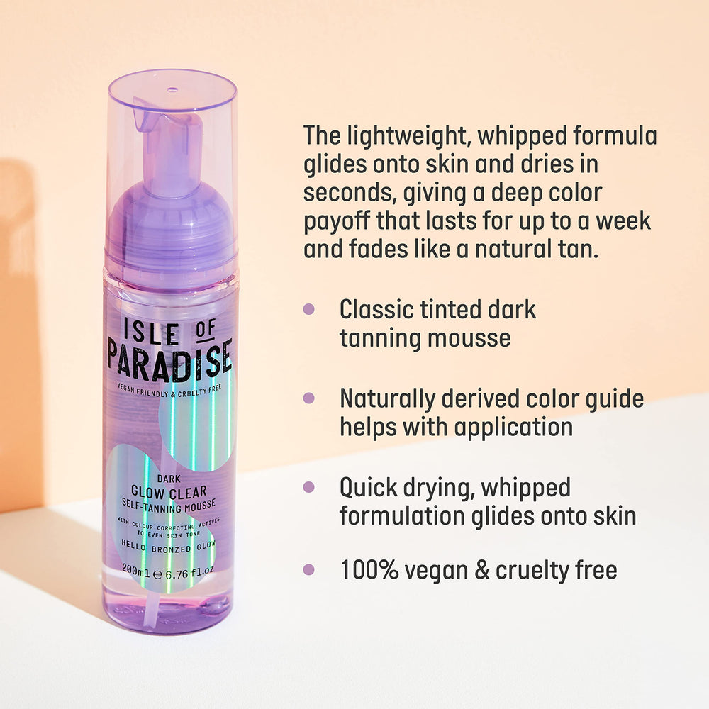 Isle of Paradise Glow Clear Mousse – texture transparente, application rapide sans traces.