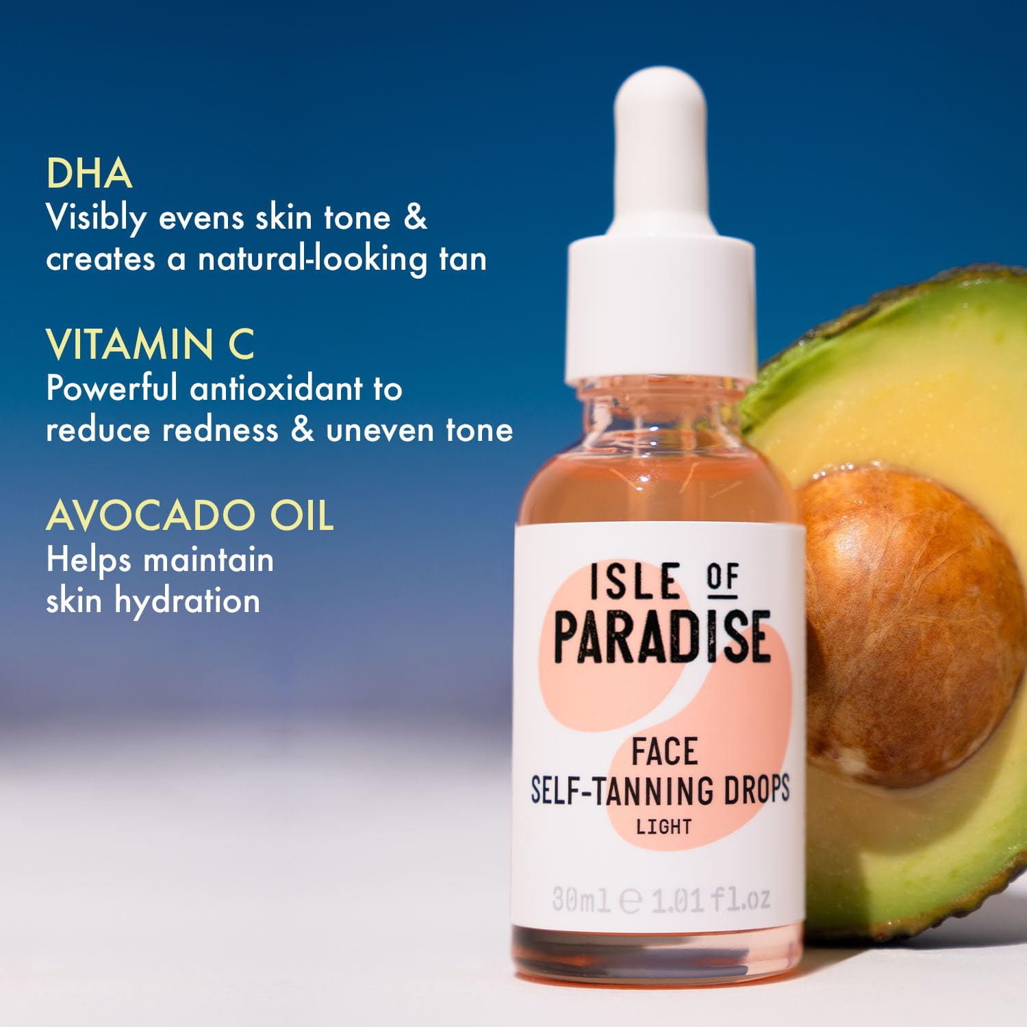 Isle of Paradise ingrédients hydratants grapefruit chia avocat pour peau lumineuse.
