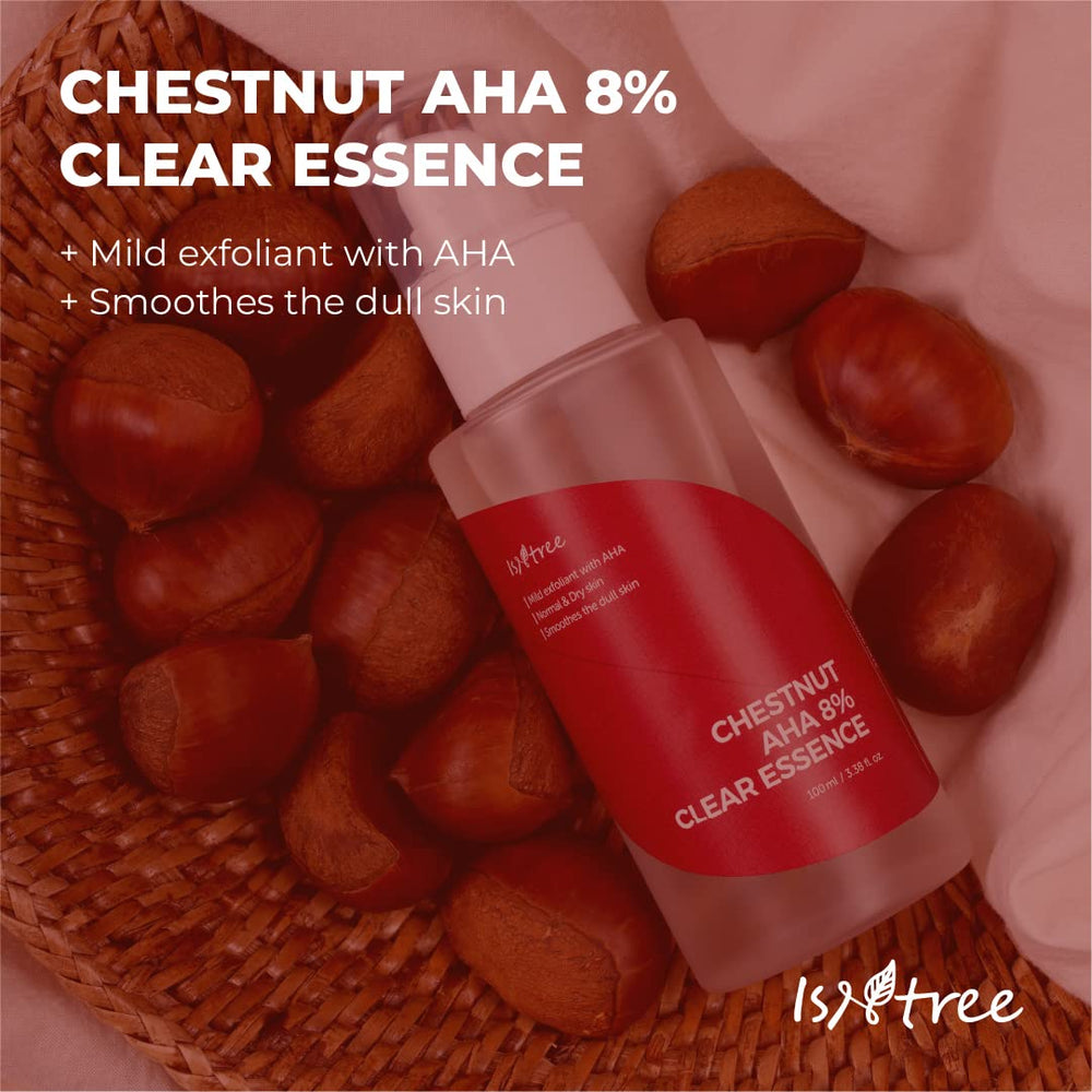 ISNTREE Chestnut AHA 8% Essence — flacon en verre translucide pour une utilisation maîtrisée.